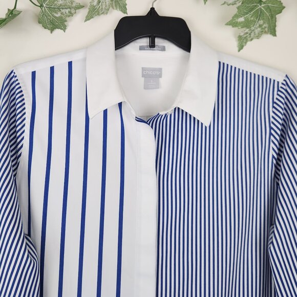Chico's No Iron Size 3 (US 16) Blue White 3/4 Sleeve Striped Shirt Tunic Pockets - Picture 2 of 7